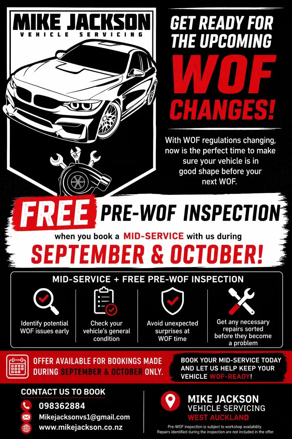 Mike Jackson Vehicle Servicing offer flyer: free pre-WOF inspection when you book a mid-service during September and October